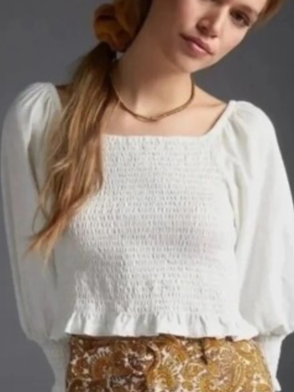 NWOT Anthropologie Pilcro White Smocked Square-Neck Puff-Sleeve Top Sz S